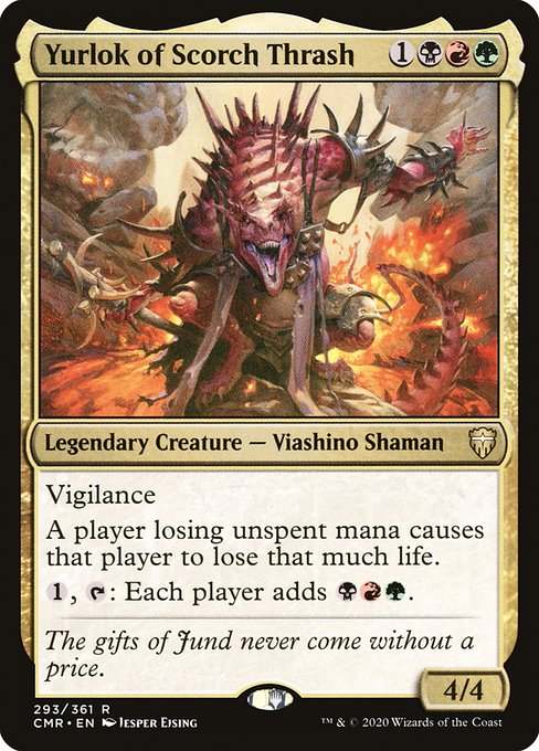 Vigilance
A player losing unspent mana causes that player to lose that much life.
{1}, {T}: Each player adds {B}{R}{G}.