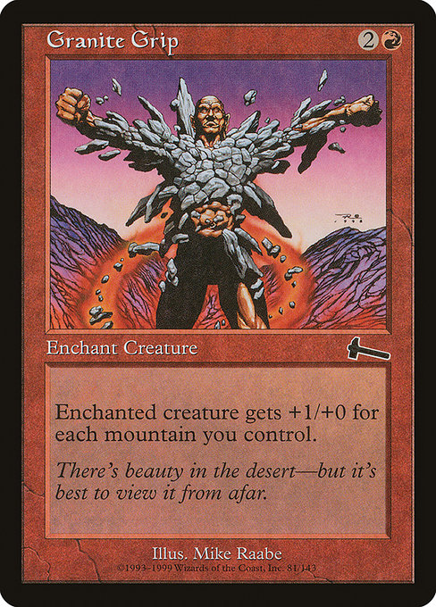 Enchant creature
Enchanted creature gets +1/+0 for each Mountain you control.