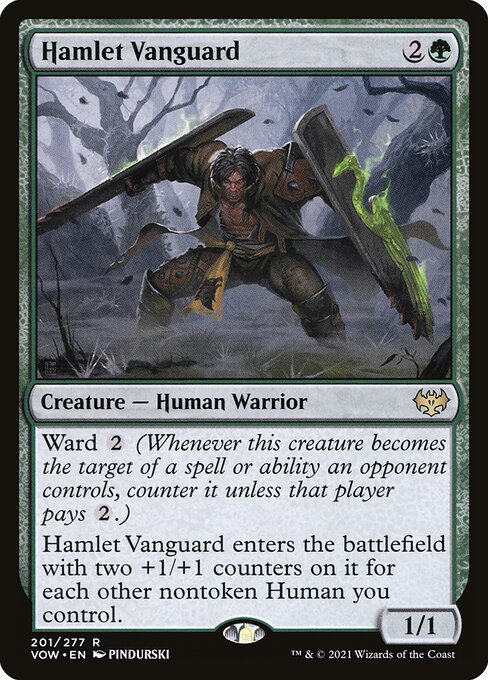 Ward {2} (Whenever this creature becomes the target of a spell or ability an opponent controls, counter it unless that player pays {2}.)
Hamlet Vanguard enters the battlefield with two +1/+1 counters on it for each other nontoken Human you control.