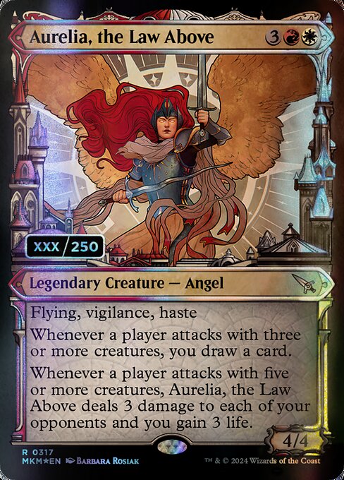 Flying, vigilance, haste
Whenever a player attacks with three or more creatures, you draw a card.
Whenever a player attacks with five or more creatures, Aurelia, the Law Above deals 3 damage to each of your opponents and you gain 3 life.