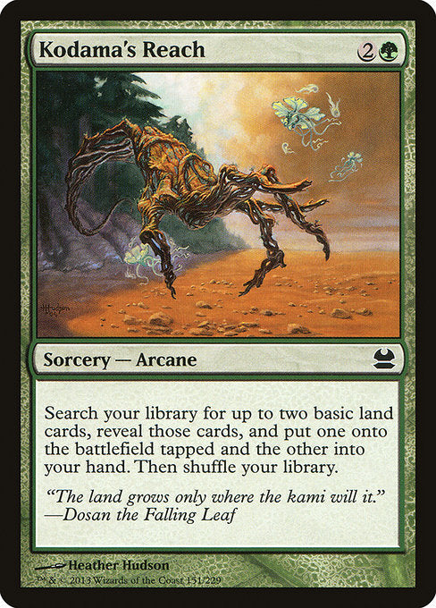 Search your library for up to two basic land cards, reveal those cards, put one onto the battlefield tapped and the other into your hand, then shuffle.